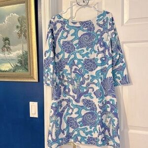 NWT Women’s Barbara Gerwit Blue & White Floral Cotton and Spandex Dress Size L